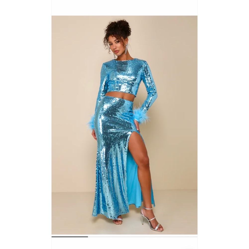 Lulu's Party Icon Sparkling Blue Sequin Feather TWo Piece Maxi-Skirt Set